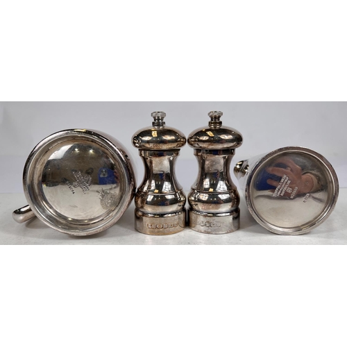 735 - A pair of hallmarked silver salt and pepper grinders, Birmingham circa 2000; an EPNS pint mug and ju... 