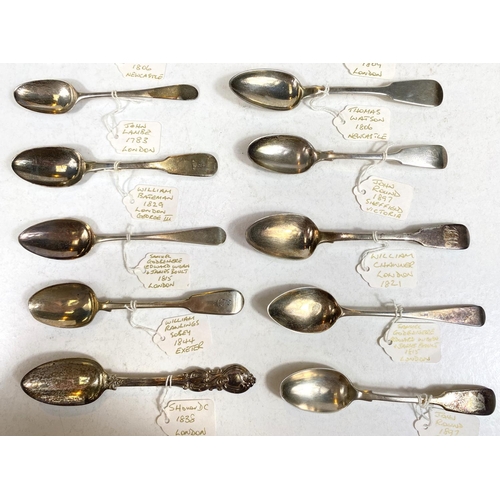 744 - A collection of hallmarked silver teaspoons, Georgian and later, various dates, 14 approx., 9oz