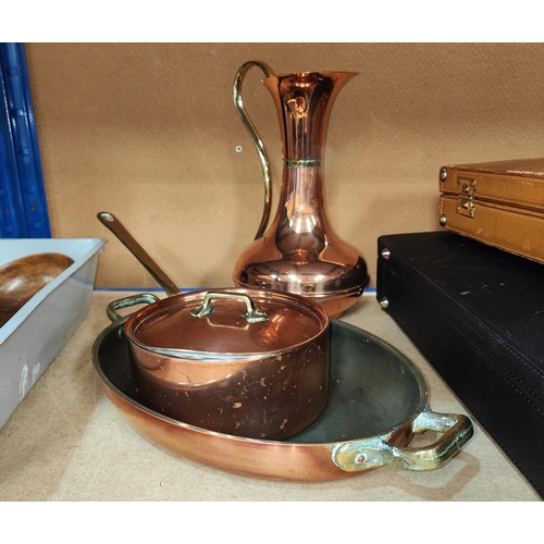 75 - A copper lidded saucepan, a similar copper two handled dish, jug, other carved wood and metalware an... 