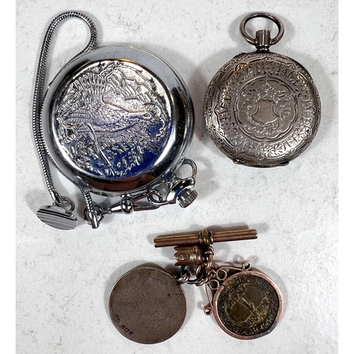 788 - A silver and white enamel dial fob watch; a 9 carat gold Albert bar with silver fob and coin and a c... 