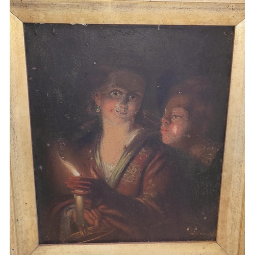 847 - A 19th century atmospheric oil on tin painting of couple blowing out candle, in gilt frame 19x16cm