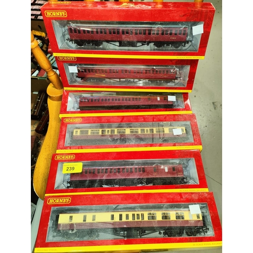 239 - Six Hornby 00 gauge coaches, boxed:  R4799; R4801A; R4406B; R4800; R4801 & R4493B