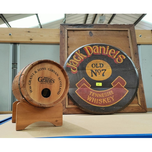 68 - Jack Daniels Old No 7 painted advertising sign 53cm on barrel lid and a Grants small whisky barrel