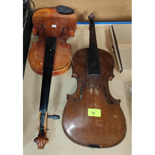 79 - A 19th century violin with 2 piece back, with label; a 20th century violin