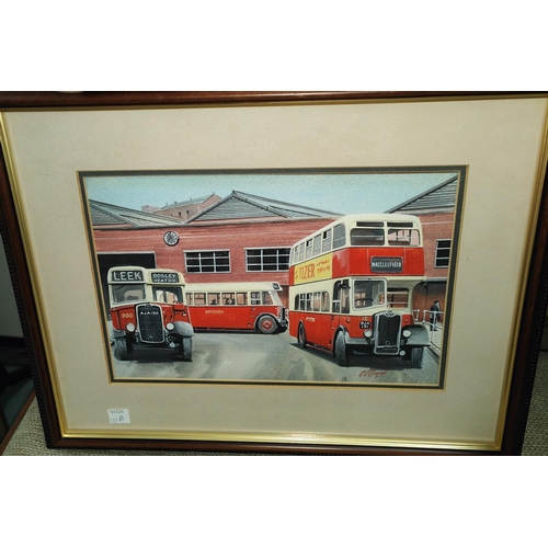 306B - G. S. Cooper: gouache of buses, Macclesfield, framed and glazed