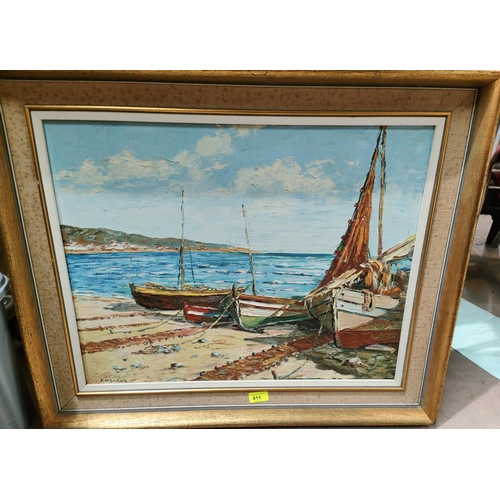 811 - E Koscaya - fishing boats drawn up on beach, oil on canvas, signed 59 x 46cm, framed