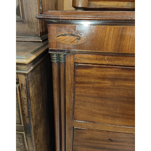 915 - A large inlaid mahogany chest of three long two short drawers, shell inlay, brass swan neck handles,... 