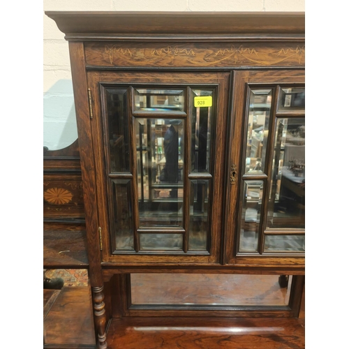 928 - A 19th century full height rosewood side cabinet with mirror back and extensive marquetry inlay, the... 