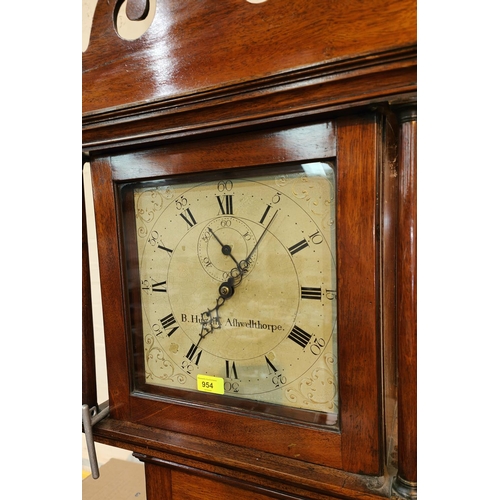 954 - A late 18th century oak longcase clock, by B Huggin Ashwellthorpe, 30 hour movement, with frett... 