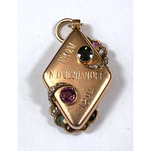 700 - An unusual 19th century Russian locket pendant, the diamond shaped, rose gold case is set with multi... 