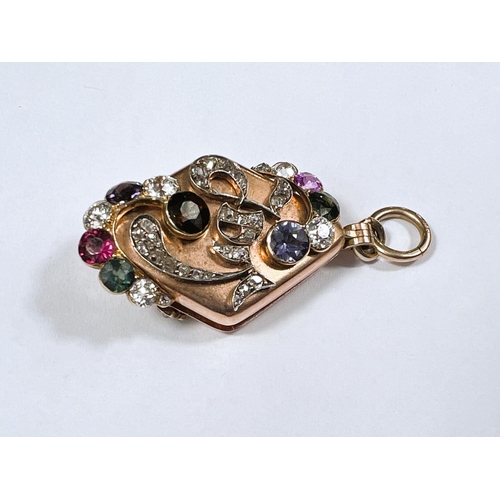 700 - An unusual 19th century Russian locket pendant, the diamond shaped, rose gold case is set with multi... 