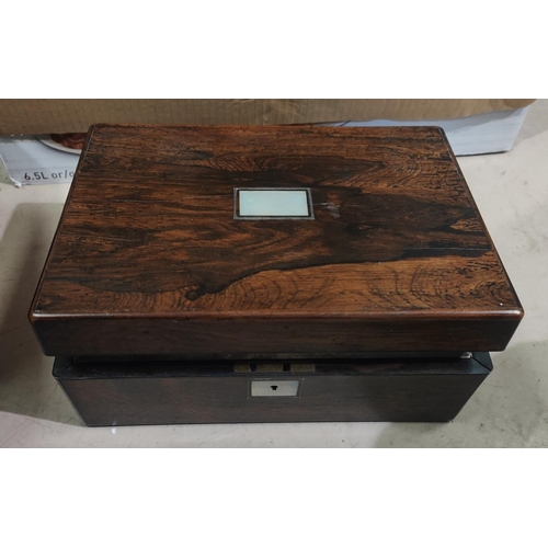 116D - A rosewood sewing box with various compartments and a miniature wicker seating set