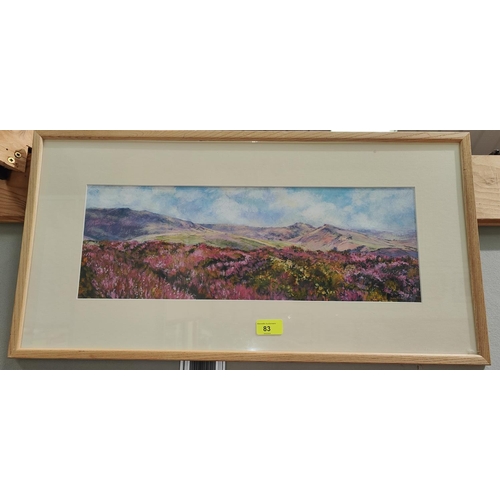 83 - A modern watercolour of purple flowers on hills (local artist), signed, framed and glazed