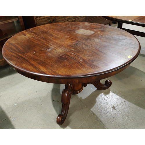 880 - A large circular Victorian mahogany tilt top supper table on turned fluted column and 3 scroll feet,... 