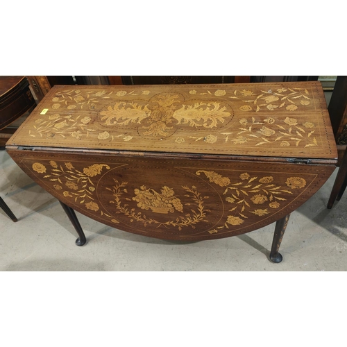 924 - An 18th century dining table with oval drop leaf top and extensive floral marquetry inlay, on pad fe... 