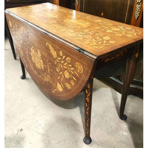 924 - An 18th century dining table with oval drop leaf top and extensive floral marquetry inlay, on pad fe... 