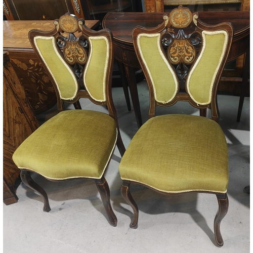 929A - An Edwardian set of 4 inlaid mahogany boudoir chairs, gold upholstery