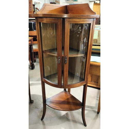 978 - A mahogany inlaid floor standing corner display unit with bow front, double doors, shelf under