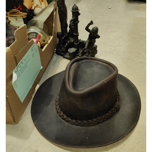 145A - An American Leather hat Henschel, a soda syphon and other collectables; a bronze effect lamp of chil... 