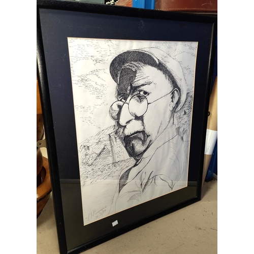 76B - A pen and ink portrait of a man in a cap, drawn by a psychologist, framed and glazed