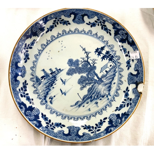 524D - Three Chinese dishes, celadon, blue and white and another stapled (some damage)