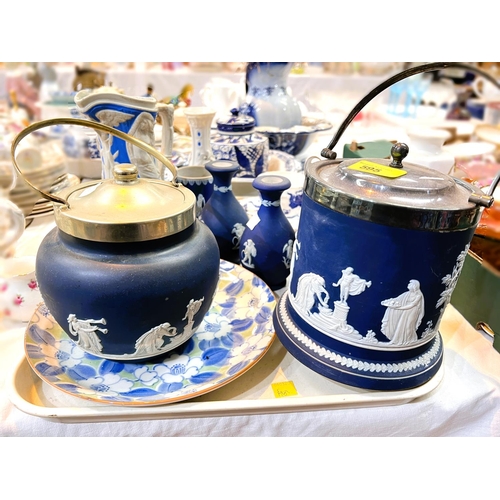 595 - 2 19th century blue Jasperware biscuit barrels; a Victorian style jug and bowl, blue and white potte... 