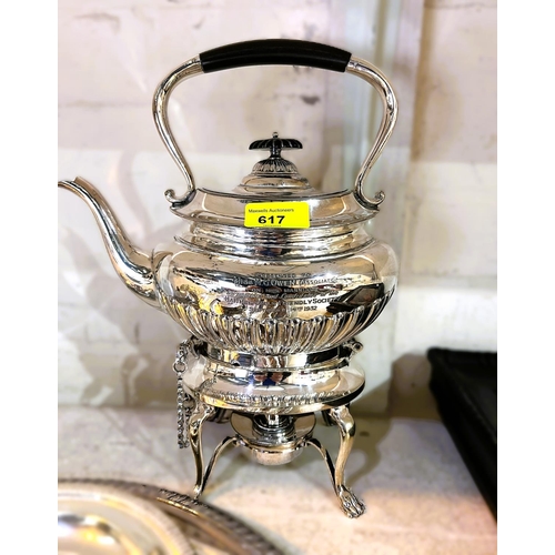 617 - A silver plated kettle on stand with inscription, other silver plated trays other silver plated teaw... 