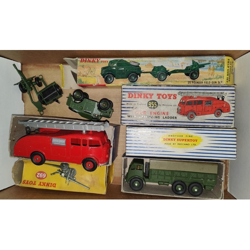 297 - Dinky Toys: Four boxed vehicles, 692 5.5 Medium Gun, 697 25 Pounder, Supertoys 622 10-ton Army Truck... 