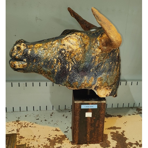 481B - Kjell Janson: Swedish ceramic art sculpture of a bulls head, mottled blue and brown tin glazing on a... 