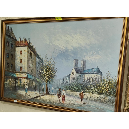 829 - Burnett:  Continental city square with tall buildings and pedestrians, oil on canvas, signed, 5... 