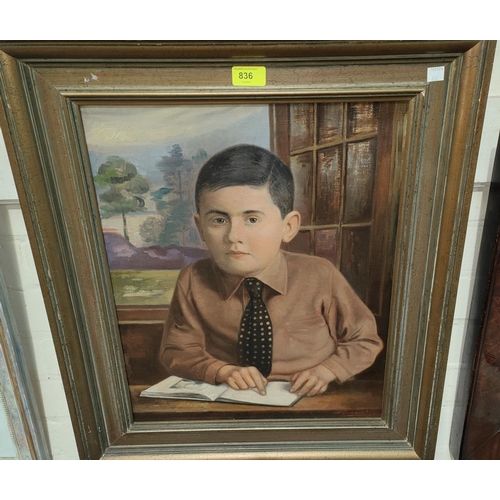 836 - A 1930's oil on canvas portrait of a young man in shirt and tie reading, staring mesmerizingly out o... 