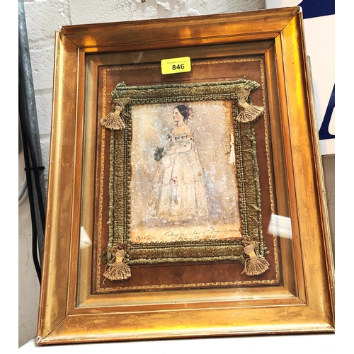 846 - A Victorian watercolour portrait of a bride, dated May 20th 1854, with cushion surround, in guilt fr... 