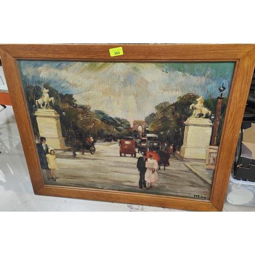 860 - Moy (20oth century). Parisian street scene oil on board, oak framed, signed bottom left, 49x65cm