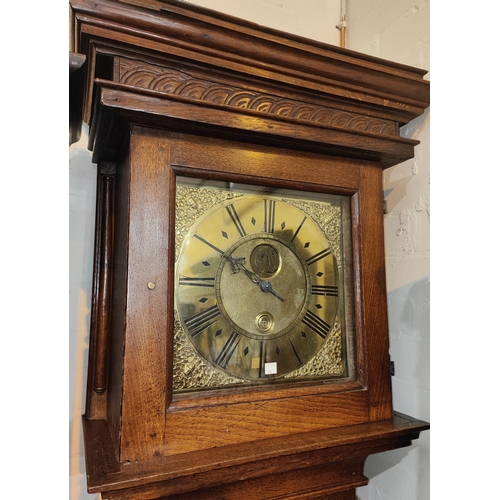 888 - An 18th century country made oak longcase clock with moulded cornice and full length door, square br... 