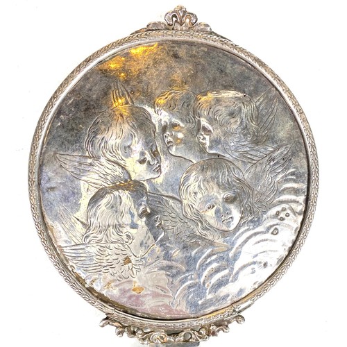 733D - An ornate hand mirror with hallmarked silver circular back decorated with cherubs (back Sheffield 18... 