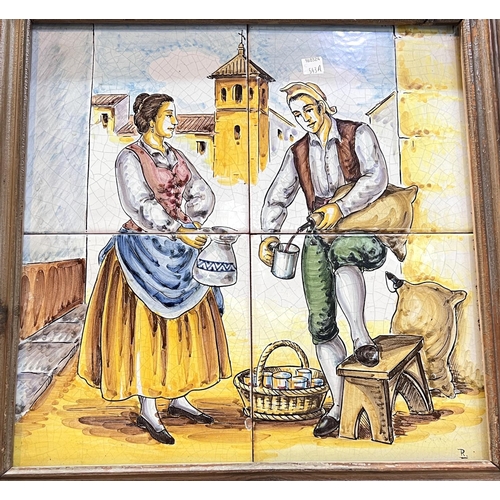 543A - A continental 4 tile picture:  man and woman with jug and bottle, 39 x 39cm, framedNo bids sold with... 