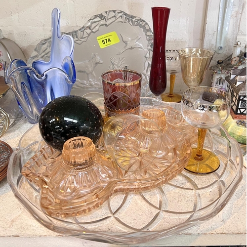 574 - Copper and cranberry glass drinking cups, 4 with dishes, two others no glass and a selection of glas... 