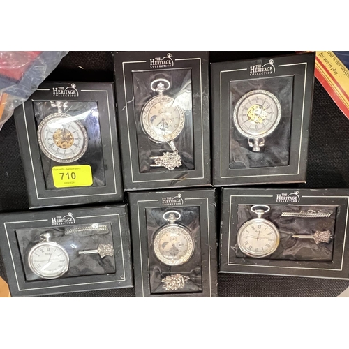 710 - Six 'The Heritage Collection' reproduction pocket watches in original boxes, other replica pocket wa... 