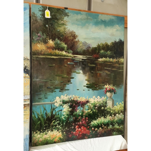 801 - 20th century oil on canvas of a garden lake view, 92 x 122cm