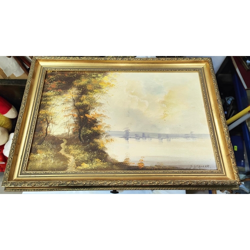 810A - D. Spencer: - Oil on board, path beside a lake scene, local artist, gilt frame.