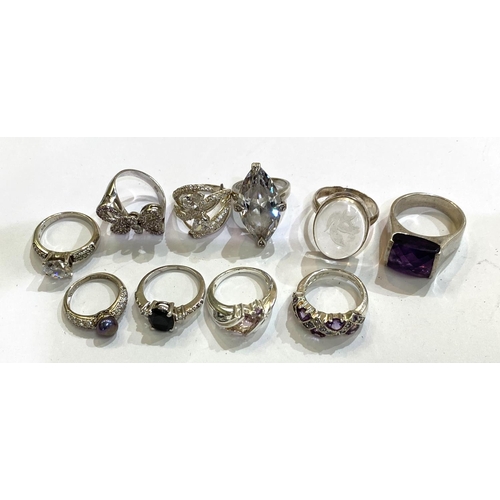 729B - A selection of 10 fancy stone set silver rings all hallmarked or stamped 925, 64gms