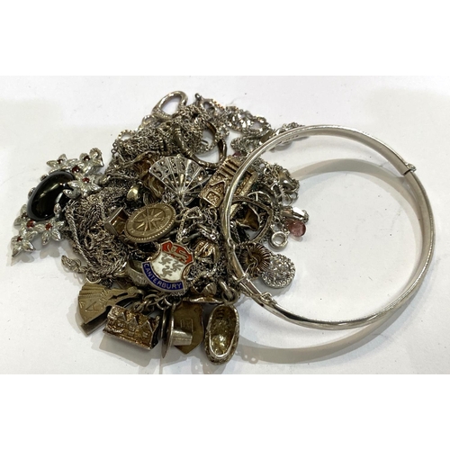 729C - A selection of silver/white metal chains, bangle, charm bracelet etc, 127gm