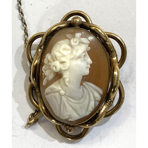 767A - An oval female head cameo in an ornate gilt metal surround (pin missing); a white metal bar brooch w... 