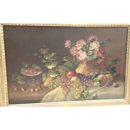 824 - H VOIGT, oil on canvas, an expansive still life with fruit and flowers, signed and dated 1902, 67 x ... 