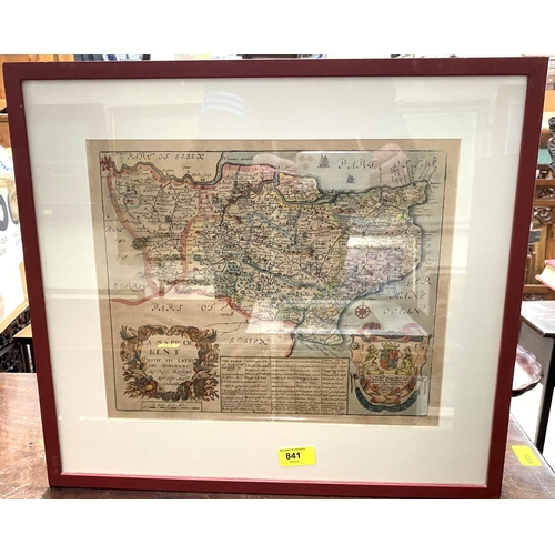 841 - A 17th century map of Kent by Richard Blome, published 1673, framed and glazed, two prints a brass t... 