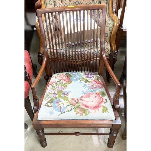 963 - An early 20th century stained walnut tub shaped armchair with cane and buttoned pink back; a 1920's ... 