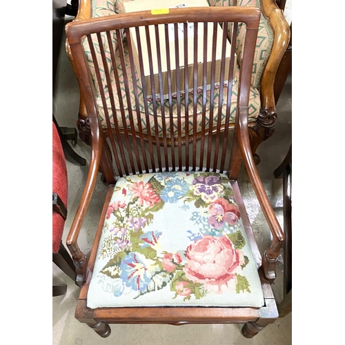 963 - An early 20th century stained walnut tub shaped armchair with cane and buttoned pink back; a 1920's ... 