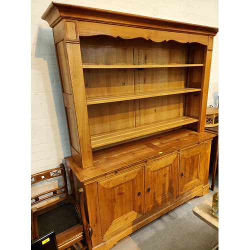 948 - A large light wood satin finish traditional style farm kitchen style dresser with three hight shelve... 