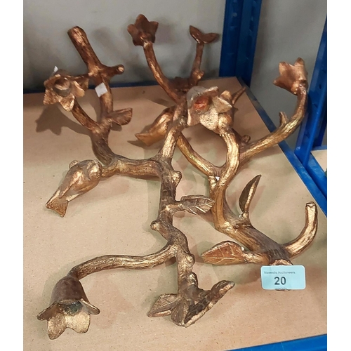 20 - A pair of naturalistic 3 sconce wall candelabra in gilt metal in the form of birds in branches