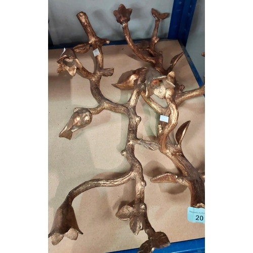 20 - A pair of naturalistic 3 sconce wall candelabra in gilt metal in the form of birds in branches